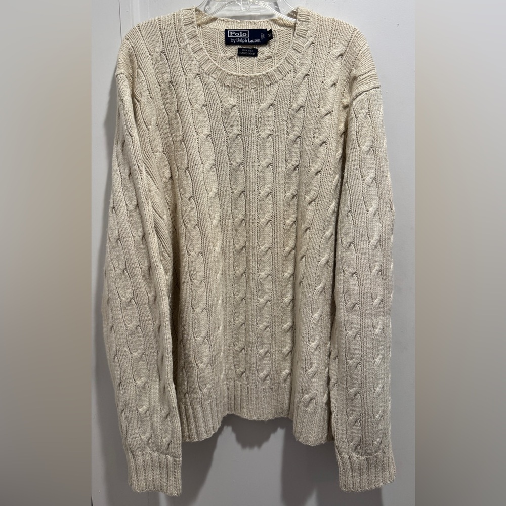 Polo Ralph Lauren Vintage Ivory 100% Silk Hand Knit Cable Sweater. Size XL. ✅